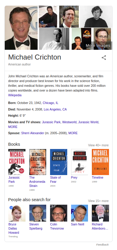 Google Knowledge Graph for Michael Crichton